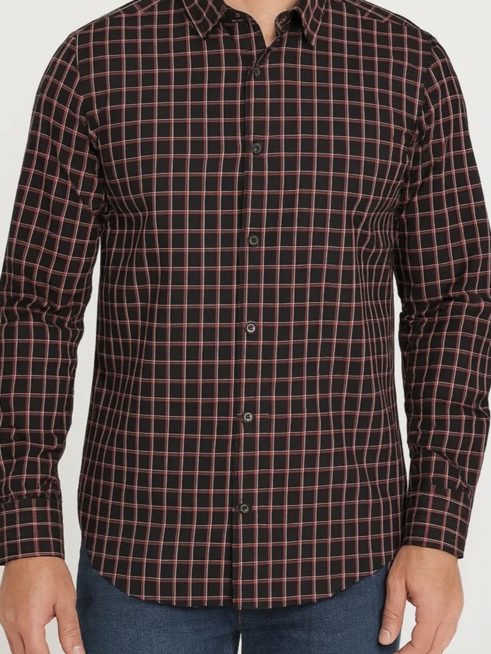 Lands' End Black Shirt with Red Windowpane Plaid